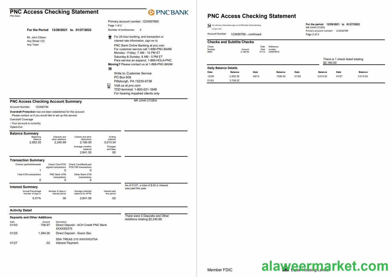 USA PNC bank statement template in Word and PDF format, 2 pages